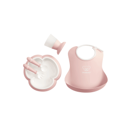 BabyBjorn - Set hranire: farfurie, lingurita, furculita, pahar si bavetica pentru bebe, Powder Pink