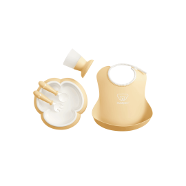 BabyBjorn - Set hranire: farfurie, lingurita, furculita, pahar si bavetica pentru bebe, Powder Yellow