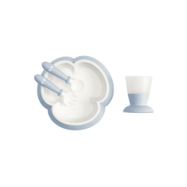 BabyBjorn - Set hranire: farfurie, lingurita, furculita si pahar pentru bebe, Powder Blue