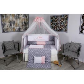 Lenjerie MyKids 10 piese Princess gri-roz cu baldachin 120x60 cm