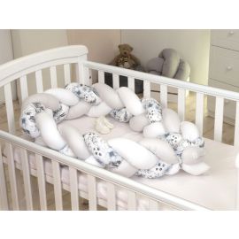 Aparatoare laterala pat Bumper impletit, Cu inchidere velcro, Bumbac, Alb - Gri - Flori, 210X21 cm