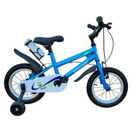 Bicicleta copii 3-6 ani HappyBoy KidsCare albastra 14 inch – cu roti ajutatoare, frane de mana, sticla inclusa, pentru baieti