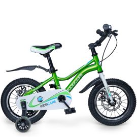 Bicicleta pentru copii 3-6 ani HappyCycles KidsCare, roti 14 inch, cu roti ajutatoare si frane pe disc, verde