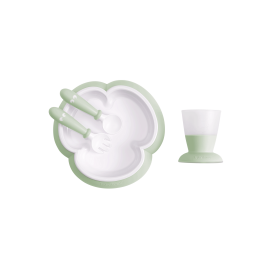 BabyBjorn - Set hranire: farfurie, lingurita, furculita si pahar pentru bebe, Powder Green