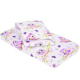 BabyNeeds - Lenjerie patut 2 piese, Cu protectie laterale, Cearceaf, Din bumbac, Pentru patut 90x50 cm, Bufnite Mov