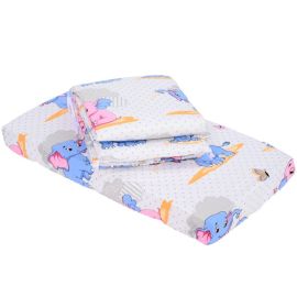 BabyNeeds - Lenjerie patut 2 piese, Cu protectie laterale, Cearceaf, Din bumbac, Pentru patut 90x50 cm, Elefantei, Albastru-Roz