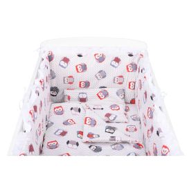 BabyNeeds - Lenjerie patut 5 piese, 120x60 cm, cu volanas, Bufnite, Gri-Rosu