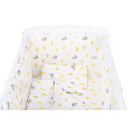 BabyNeeds - Lenjerie patut 5 piese, 120x60 cm, cu volanas, Vrabiute, Gri-Galben