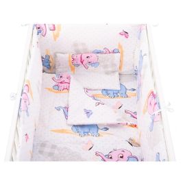 BabyNeeds - Lenjerie patut 5 piese 120x60 cm, Elefantei, Albastru-Roz