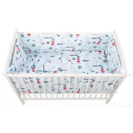 BabyNeeds - Lenjerie patut 5 piese, Cu doua protectii laterale, Pernuta, Plapumioara, Cearceaf, Din bumbac, Pentru patut 120x60 cm, Vaporase, Albastru