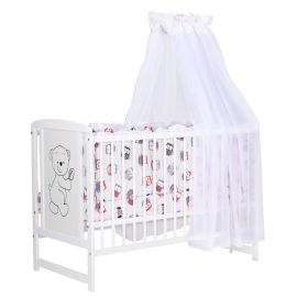BabyNeeds - Lenjerie patut 6 piese, Cu baldachin, Cu doua protectii laterale, Pernuta, Plapumioara, Cearceaf, Din bumbac, Pentru patut 120x60 cm, Cu volanas, Bufnite, Gri-Rosu