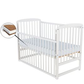 Babyneeds - Patut din lemn Ola 120x60 cm, Cu laterala culisanta, Din lemn de pin, Stabil si rezistent, Inaltime saltea reglabila pe 3 nivele, Laterala cu 3 bete detasabile, Alb + Saltea 10 cm