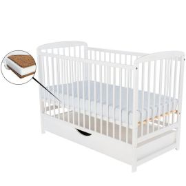 BabyNeeds - Patut din lemn Ola 120x60 cm, cu sertar, Alb+ Saltea 12 cm