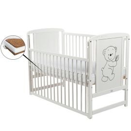 BabyNeeds Patut din Lemn Timmi 120x60 cm cu Laterala Culisanta Alb + Saltea 10 cm