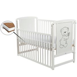 BabyNeeds - Patut din lemn Timmi 120x60 cm, cu laterala culisanta, Alb+ Saltea 8 cm
