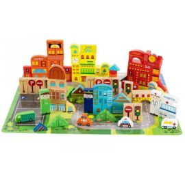 Blocuri din lemn cu covoras tip puzzle Ecotoys SAWT18689 Orasel - 196 elemente