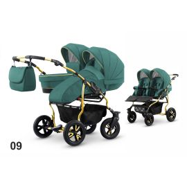 Carucior pentru doi copii Mikado GOLDSTAR 0+1 (T01-09) Verde/Cadru Auriu