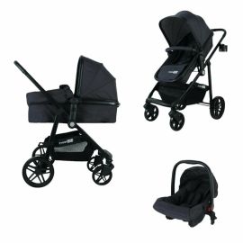 Carucior transformabil 3 in 1, Trio Easy, Cu parte sport transformabila in landou, scoica auto, husa picioare, husa ploaie, suport pahar, geanta mamici si accesorii, FreeON, Black