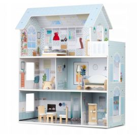 Casuta de papusi din lemn cu 3 etaje, mobilier inclus, 60 x 24 x 70 cm, Ricokids RK-878 - Albastru deschis