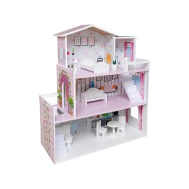Casuta de papusi din lemn, Dimensiune mare 70 x 24 x 70 cm, Construita pe 3 niveluri cu 3 camere, Accesorizata cu mobilier, Free2Play, Pink