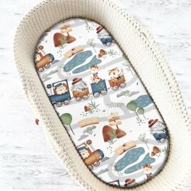 Cearceaf cu elastic, MimiNu, Pentru landou, carucior si cosulet, Dimensiune 80x35 cm, Din bumbac certificat Oeko Tex Standard 100, Design, Zoo in train