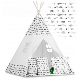 Cort de joaca pentru copii cu ghirlanda, 3 pernite si lampa LED cactus, Ricokids 740402, 120 X 120 X 165 cm - Alb