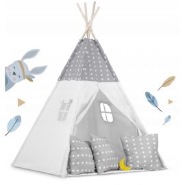 Cort de joaca pentru copii cu ghirlanda, 3 pernite si lampa LED luna, Ricokids 740400, 120 X 120 X 165 cm - Gri