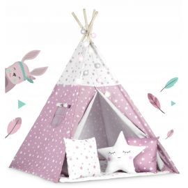 Cort De Joaca Pentru Copii Cu Lumini, Covoras si 3 pernite Ricokids 120 X 120 X 165 Cm - Roz Cu Stelute