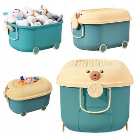 Cutie pentru jucarii, Primabobo, Cu suprafata adaptata blocurilor Lego, maner si roti, Model ursulet, 46 cm, Albastru