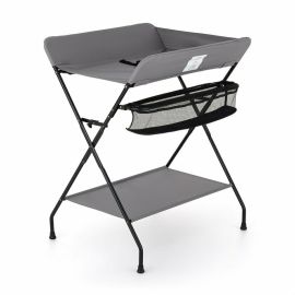 Feedo - Masuta multifunctionala pentru infasat si schimbat scutece, Pliabila, Cu raft pentru depozitare si compartiment lateral, Realizata din fier, panza si in, 80.5 x 67 x 102.5 cm, Gri