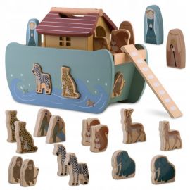 Jucarie educativa Arca lui Noe din lemn cu animalute, 17.5 x 13.5 x 20 cm, Nukido NK-862