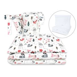 Lenjerie patut cu 5 piese, MimiNu, Pentru patut 120x60 cm, Cu pilota si perna, Din bumbac certificat Oeko Tex Standard 100, Design, Fox