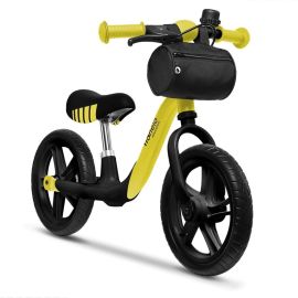 Lionelo - Bicicleta usoara fara pedale Arie, Cu claxon, Saculet pentru depozitare, Cu ghidon si sa reglabile, Greutate 3.7 Kg, Roti din spuma Eva, 12 inch, Conform cu standardul european de securitate EN71, Galben