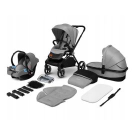 Lionelo - Carucior compact Mika, 3 in 1, Cadru din aluminiu, Cu landou intarit si salteluta moale, Scoica auto, Reversibil, Maner ajustabil, Huse pentru picioare, Plasa de tantari, Husa de ploaie, Pana la 22 kg, Gri Deschis
