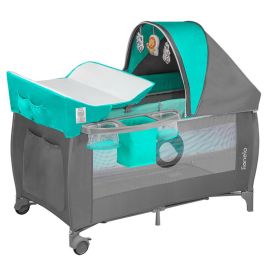 Lionelo - Patut pliant cu doua nivele Sven Plus, 120x60 cm, arcada jucarii, masuta de infasat, vibratii, melodii, conform cu standardele europeane de securitate EN716 si EN12221, Turcoaz/Gri