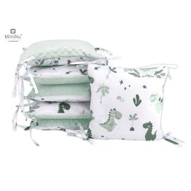 MimiNu - Aparatoare cu 6 pernute modulare, Cu doua fete, Cu fermoar, Cu husa detasabila si lavabila, Pentru patut 120X60 cm, Din bumbac 100% si tesatura pufoasa Minky, Minky Dino Mint