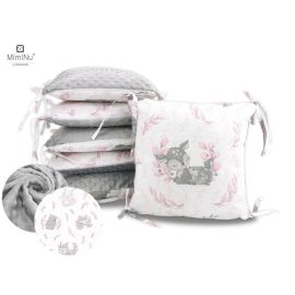 MimiNu - Aparatoare cu 6 pernute modulare, Cu doua fete, Cu fermoar, Cu husa detasabila si lavabila, Pentru patut 120X60 cm, Din bumbac 100% si tesatura pufoasa Minky, Minky Lulu Rose Gray