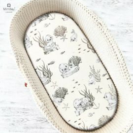 MimiNu - Cearceaf cu elastic pentru landou, carucior si cosulet, Dimensiune 80x35 cm, Din bumbac, Design, Seal Beige