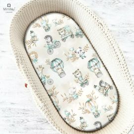 MimiNu - Cearceaf cu elastic pentru landou, carucior si cosulet, Dimensiune 80x35 cm, Din bumbac, Design, Zoo on bike Nugat