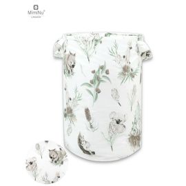 MimiNu - Cos rotund pentru depozitare jucarii, Din bumbac, Cu manere, 50x35 cm, Australian Animals Beige