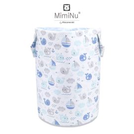MimiNu - Cos rotund pentru depozitare jucarii, Din bumbac, Cu manere, 50x35 cm, Blue Fish