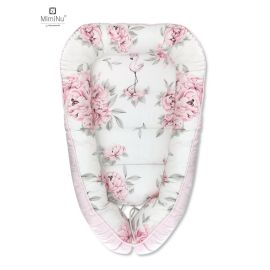 MimiNu - Cosulet bebelus pentru dormit, Baby Cocoon 75x55 cm, Husa 100% bumbac, Pink/Peonies pink