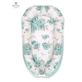 MimiNu - Cosulet bebelus pentru dormit cu doua fete, Baby Nest 105x66 cm, Husa 100% bumbac si catifea moale, Cu salteluta din burete, Detasabila, Velvet Peonie Mint