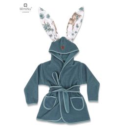 MimiNu - Halat de baie cu urechi 2 - 5 ani, Moale, Cu buzunare, Cu cordon, Din bumbac si thermo fleece, Materiale certificate Oeko Tex Standard 100, Sweet Deer Mint