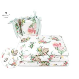 MimiNu - Lenjerie patut 3 piese, Cu protectie laterala, Australian Animals, Din bumbac, Pentru patut 120x60 cm
