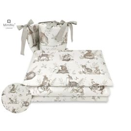 MimiNu - Lenjerie patut 3 piese, Cu protectie laterala, Design, Calm Forest Beige, Din bumbac, Pentru patut 120x60 cm