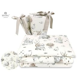 MimiNu - Lenjerie patut 3 piese, Cu protectie laterala, Design, Seal Beige, Din bumbac, Pentru patut 120x60 cm