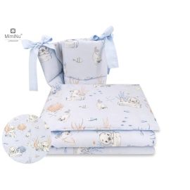 MimiNu - Lenjerie patut 3 piese, Cu protectie laterala, Design, Seal Blue Din bumbac, Pentru patut 120x60 cm