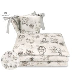 MimiNu - Lenjerie patut 3 piese, Cu protectie laterala, Din bumbac certificat Oeko Tex Standard 100, Pentru patut 120x60 cm, Design, Zoo on Bikes Beige