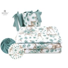 MimiNu - Lenjerie patut 3 piese, Cu protectie laterala, Sweet Deer Mint, Din bumbac, Pentru patut 120x60 cm